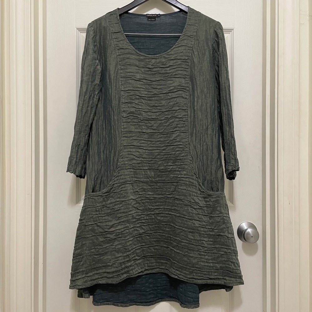Grizas Crinkle Linen Silk Blend Tunic Dress Pockets Lagenlook Artsy Minimalist M